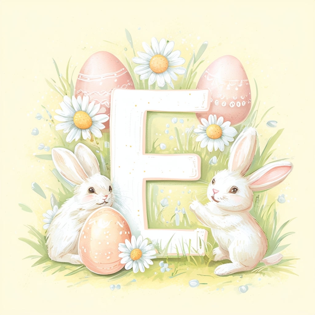 Cheerful Easter Monogram E with Pastel Eggs and Bunnies Sticker