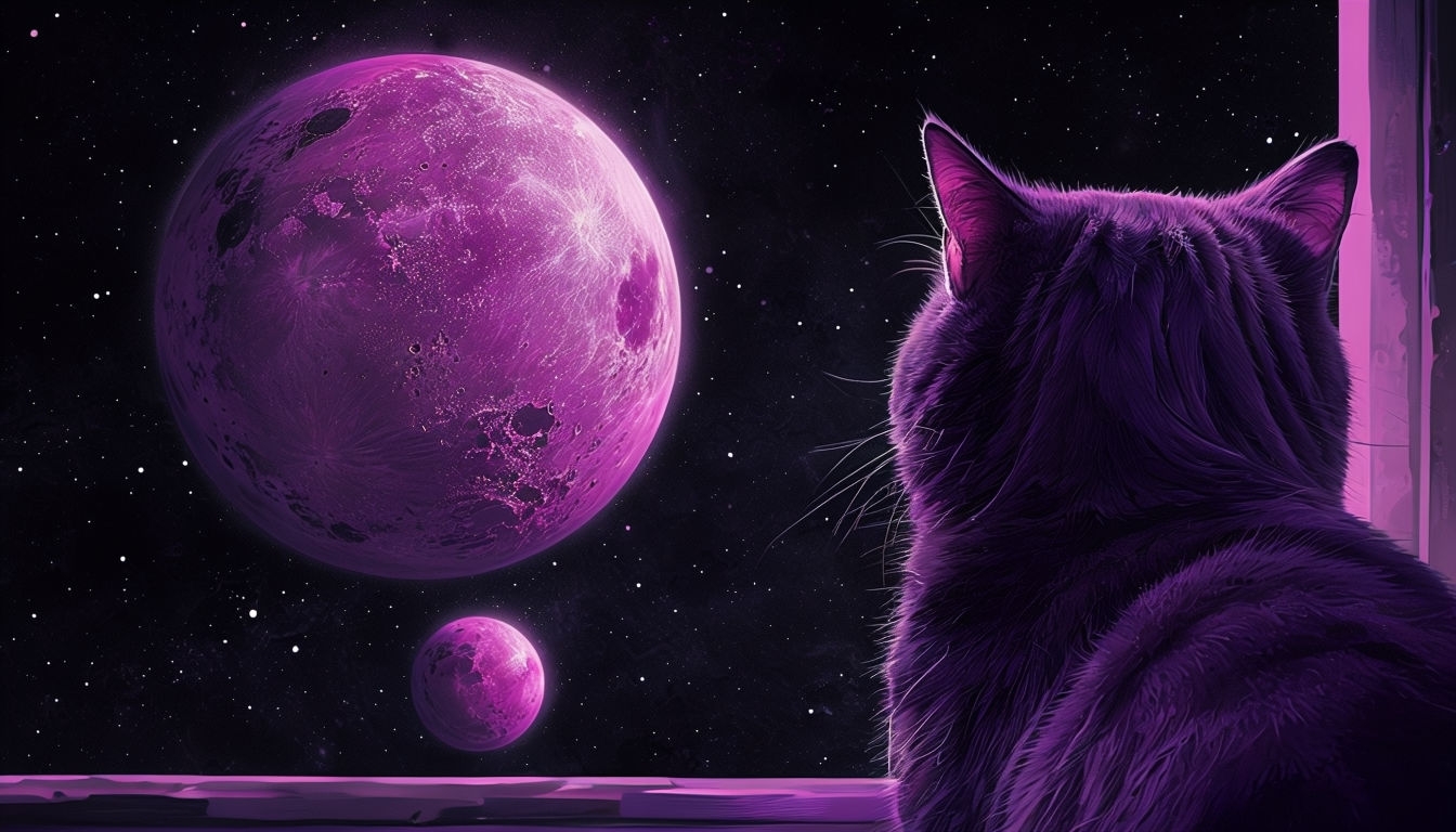 Mystical Cat Gazing at Magenta Planets in Starry Space Background