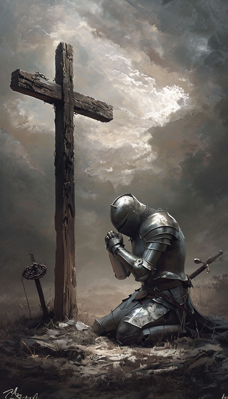 Reflective Knight in Prayer Before Weathered Cross Mobile Wallpaper