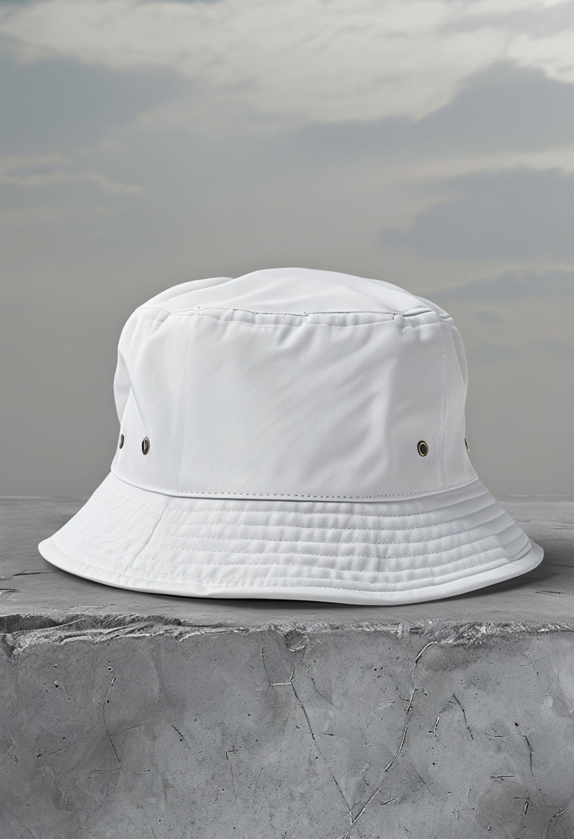 Stylish White Bucket Hat 3D Mockup on Textured Concrete Surface Mockup