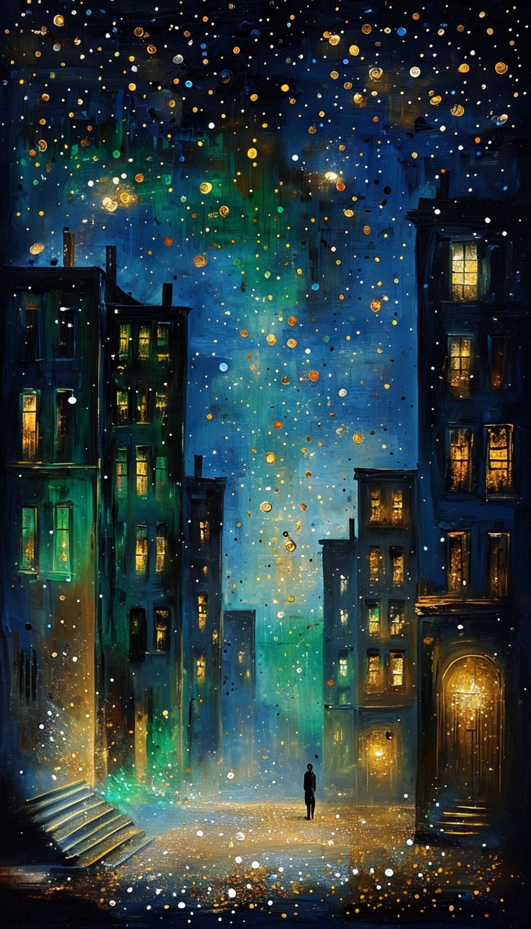 Mystical Urban Night Scene with Reflective Cobblestone Street Art