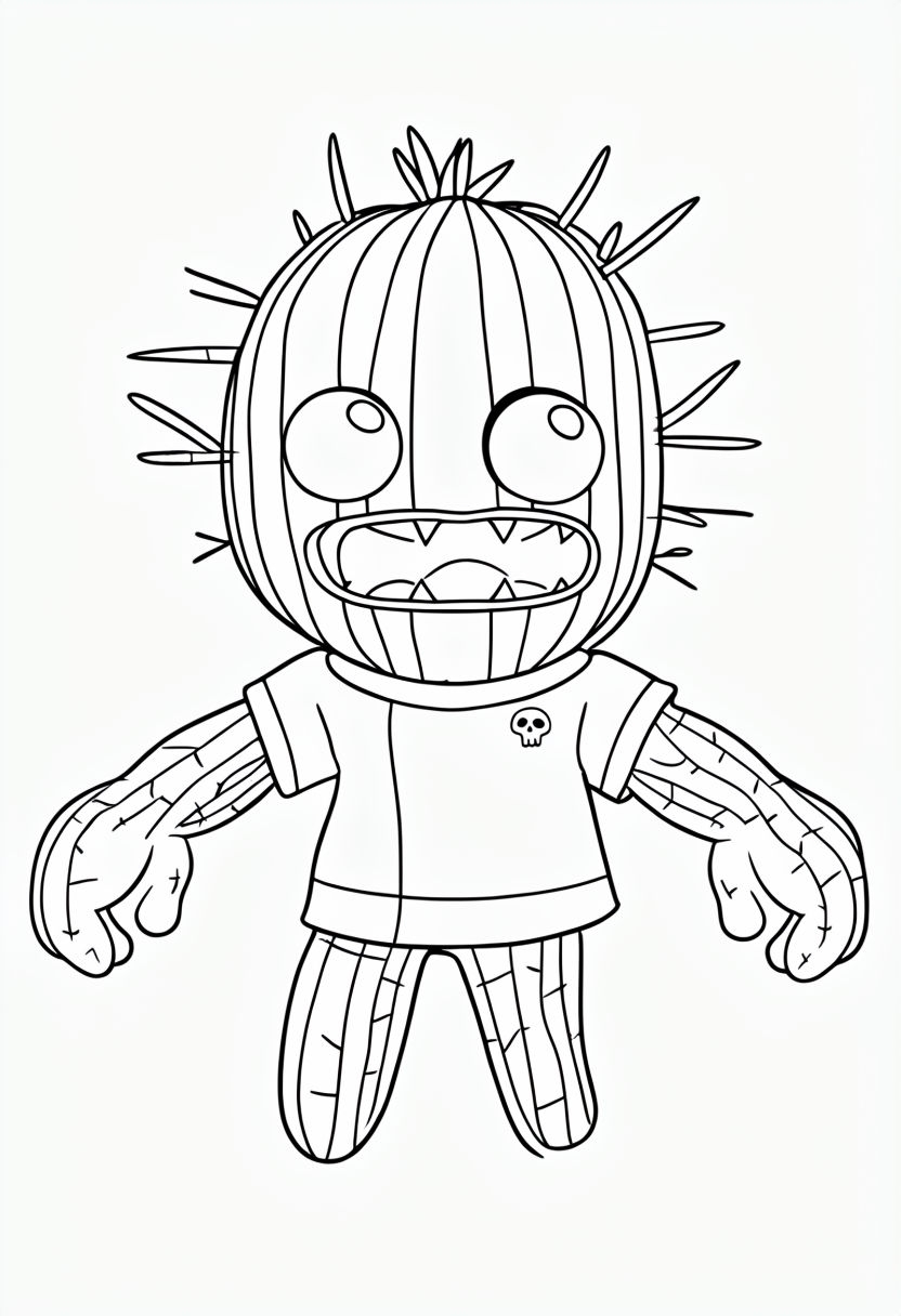 Whimsical Cartoon Cactus Character Coloring Page Illustration