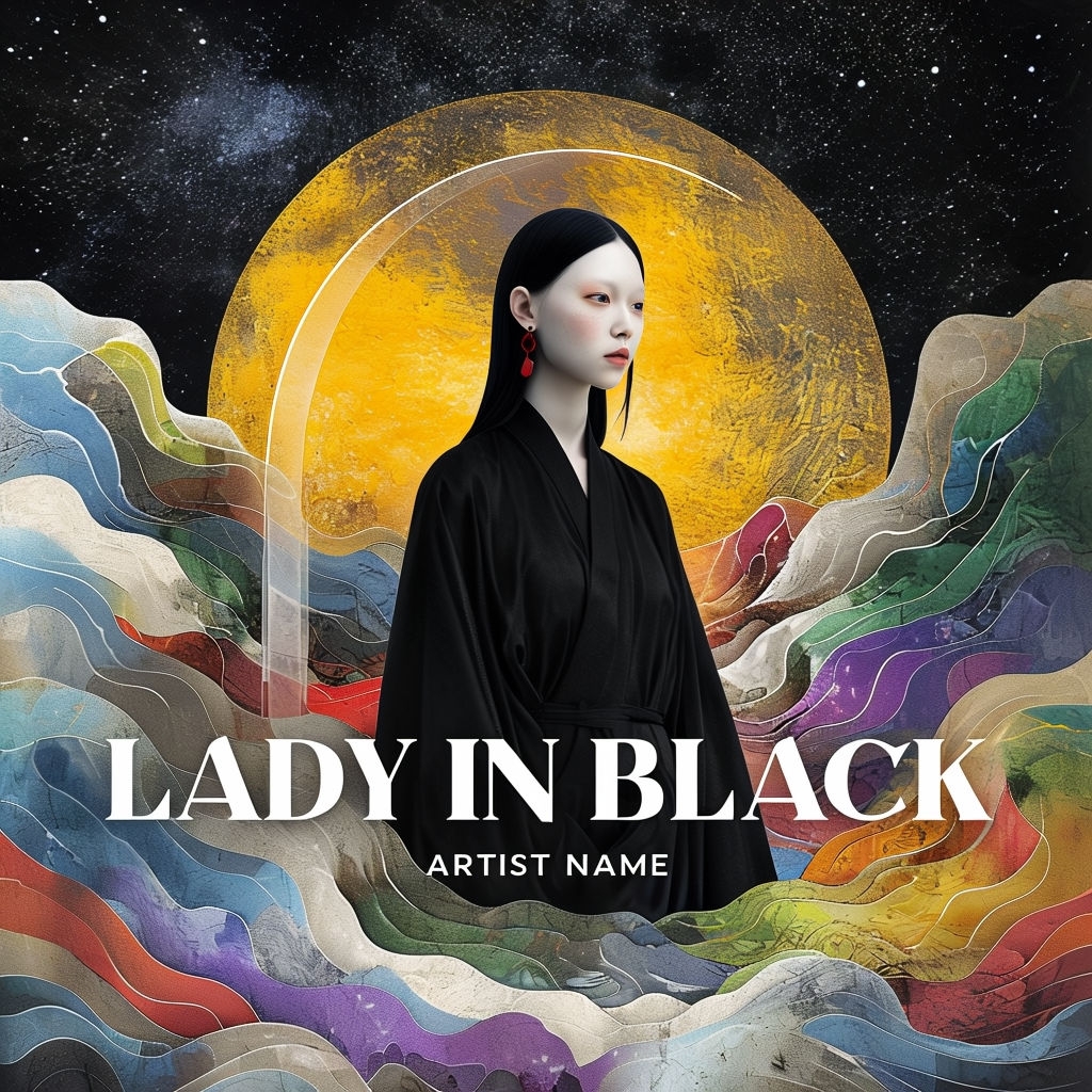 Ethereal Lady in Black Surrounded by Colorful Waves Album Cover