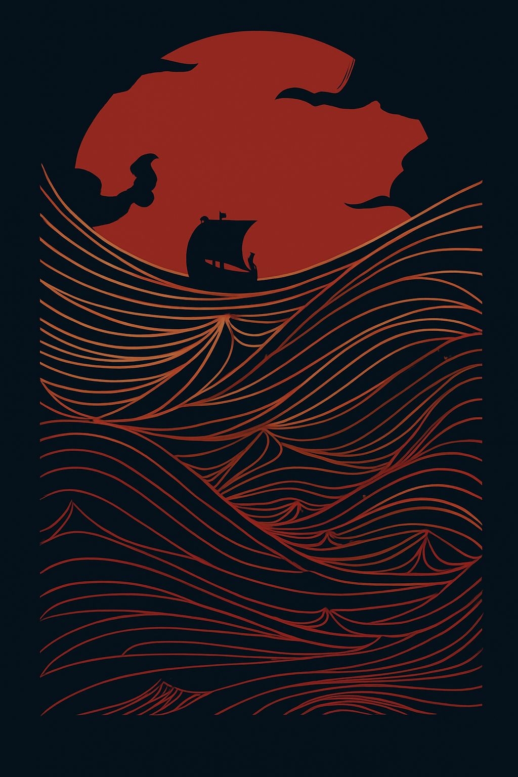 Dramatic Minimalist Seascape with Ship and Red Sun T-Shirt