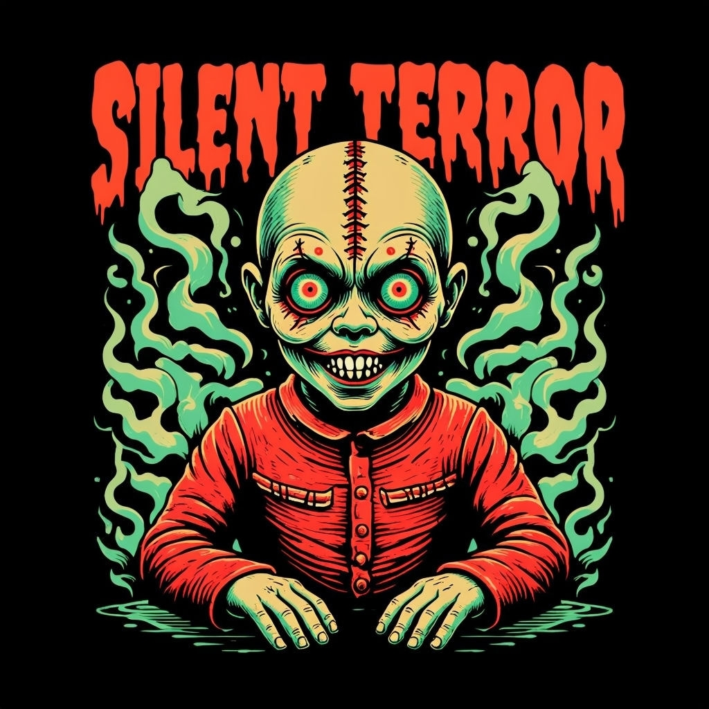 Eerie Silent Terror Character Illustration on T-Shirt