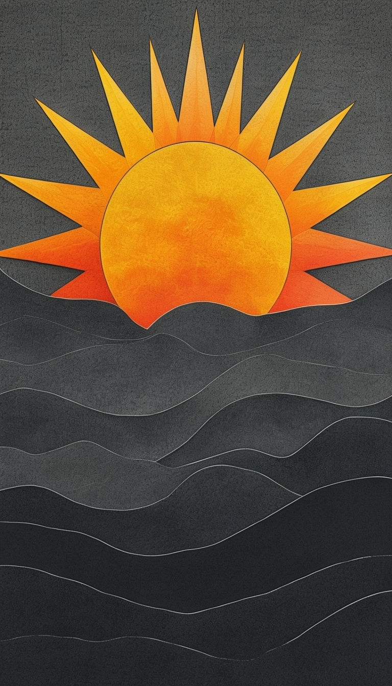 Stylized Radiant Sun Over Charcoal Gray Landscape Mobile Wallpaper