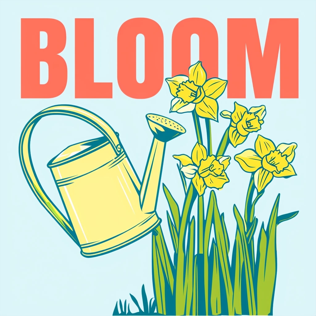Vibrant 'BLOOM' Watering Can and Daffodils T-Shirt