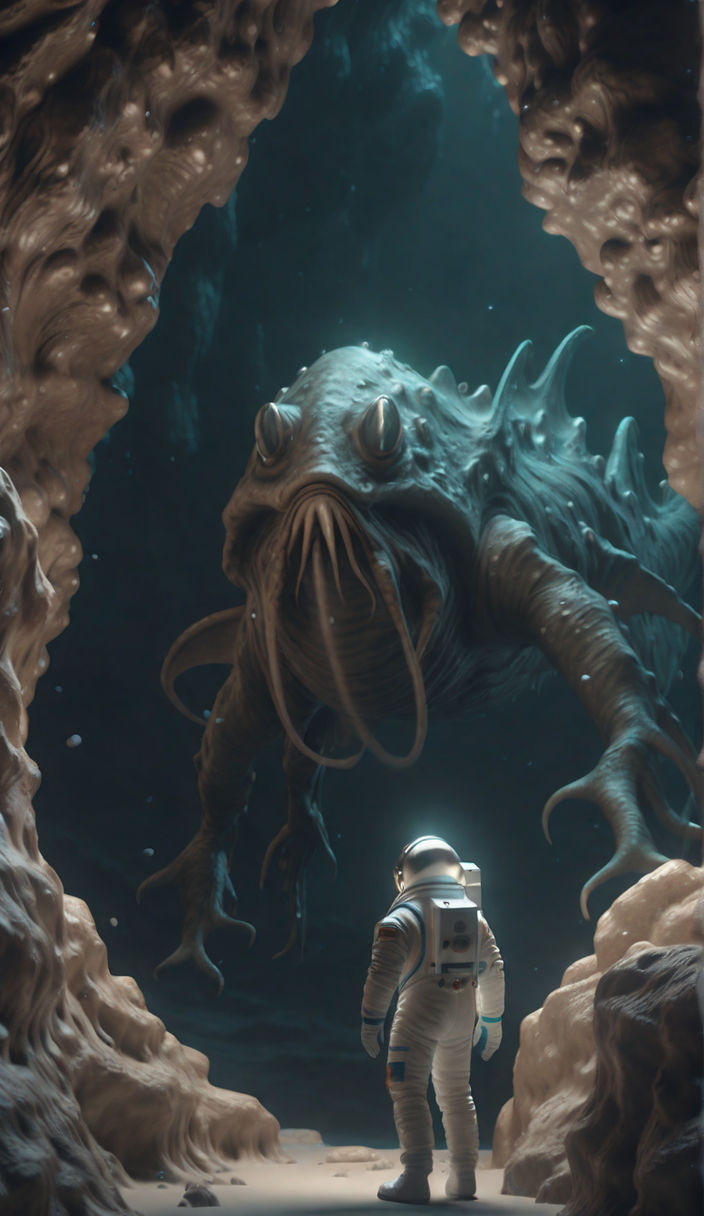 Astronaut in a cave facing a seamonster. High resolution 8k ... by ...