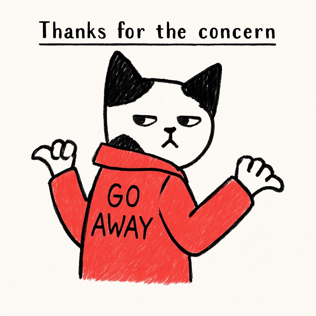 Whimsical Black and White Cat with 'Go Away' Jacket Sticker