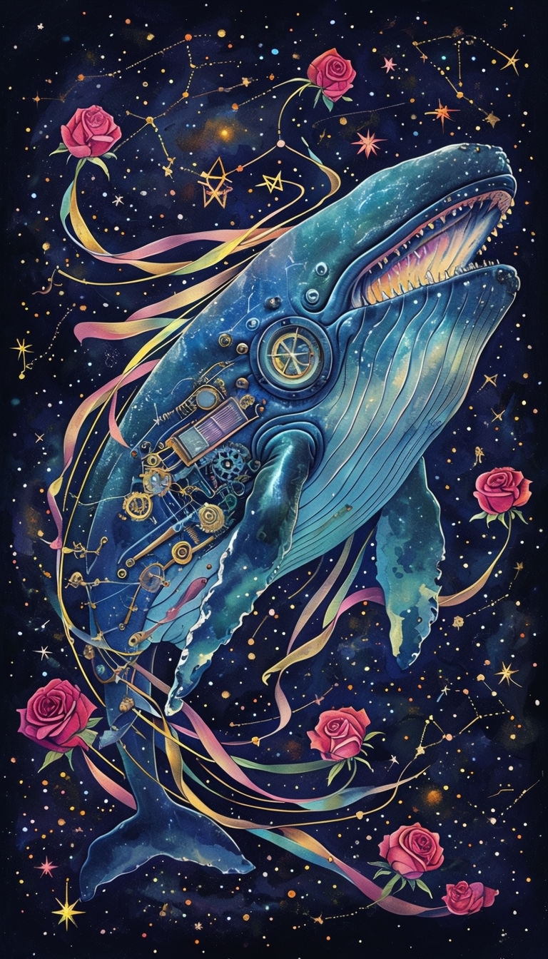 Surreal Cosmic Whale with Roses and Stars Art Piece