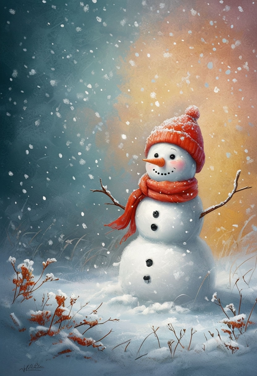 Cheerful Winter Snowman Digital Painting Art