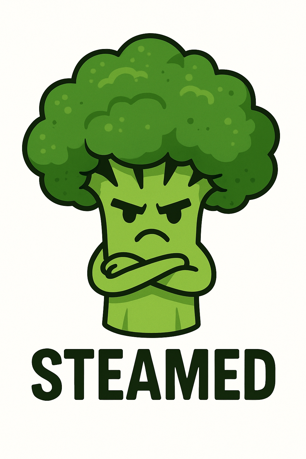 Defiant Cartoon Broccoli Character with Steamed Text T-Shirt
