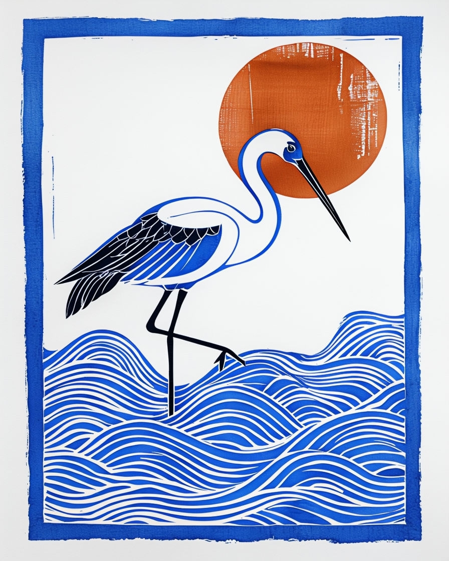 Stylized Crane on Waves with Vibrant Cobalt Blue Elements Poster