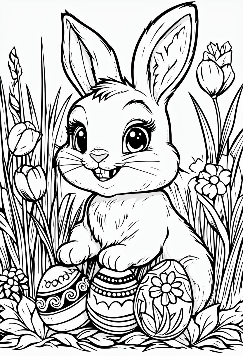 Cheerful Cartoon Bunny in a Garden Coloring Book Page