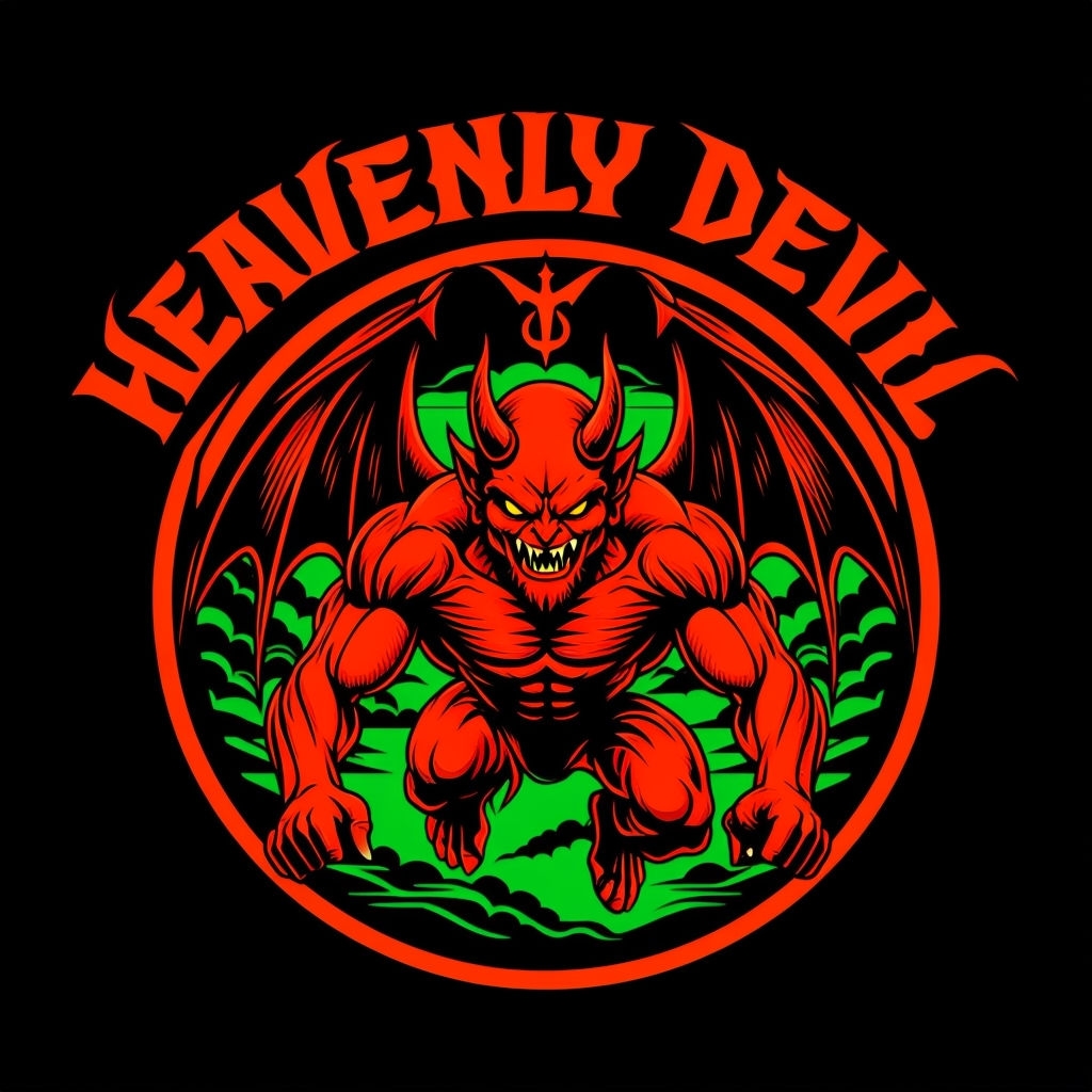Muscular Red Demon with 'Heavenly Devil' Text T-Shirt