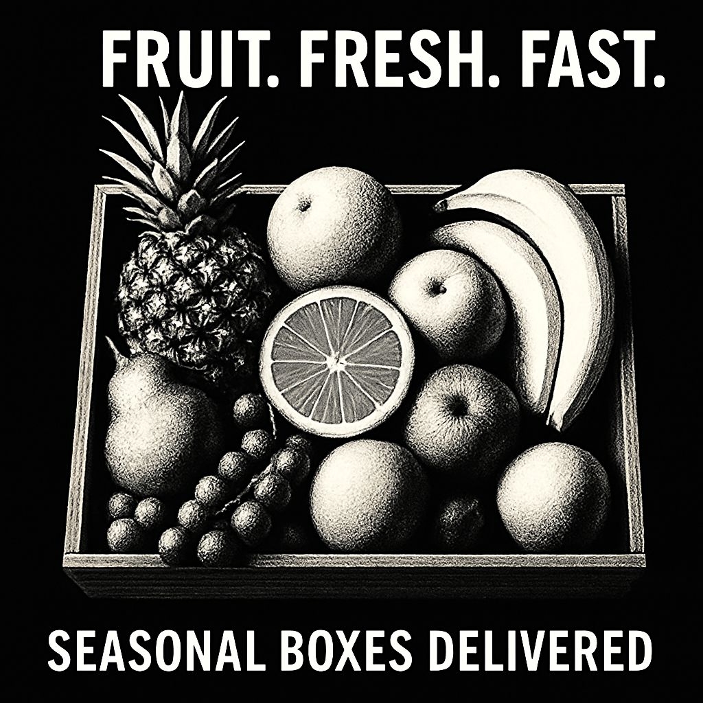 Fresh Seasonal Fruit Box Monochrome Photography Ad