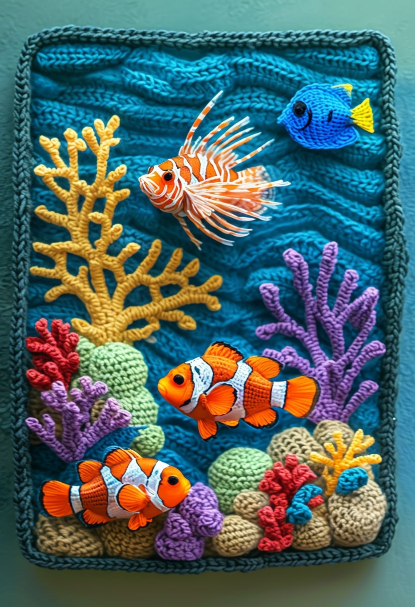 Vibrant Crochet Underwater Diorama with Colorful Fish Art