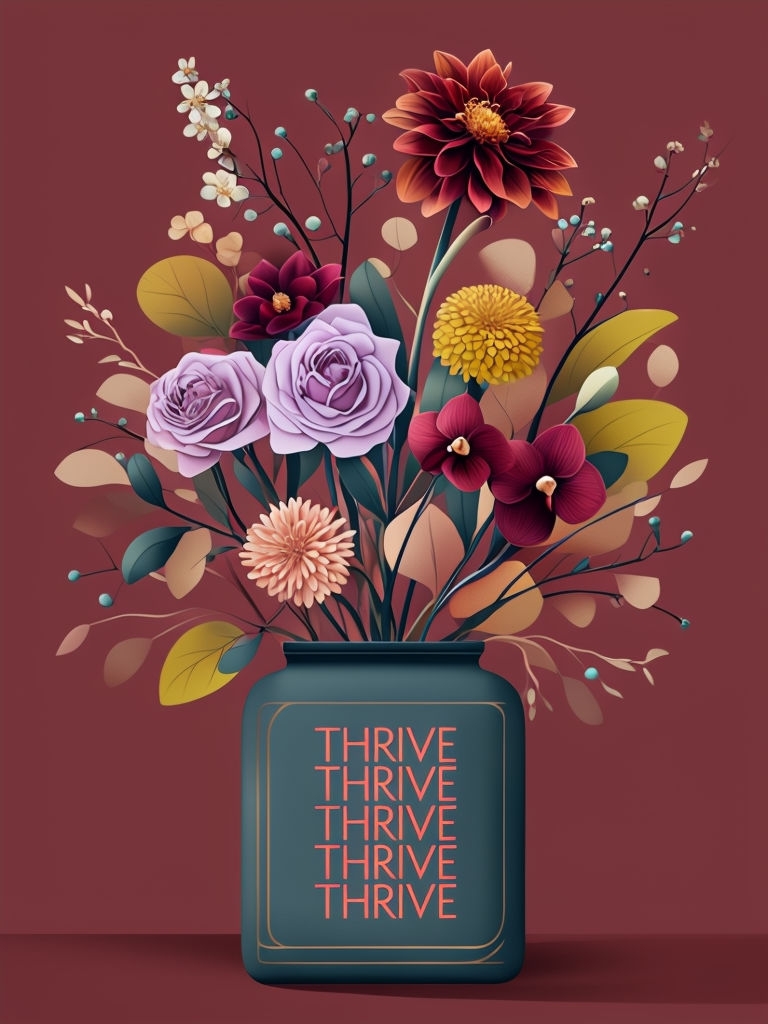 Vibrant Whimsical Floral Bouquet with Thrive Phrase Poster