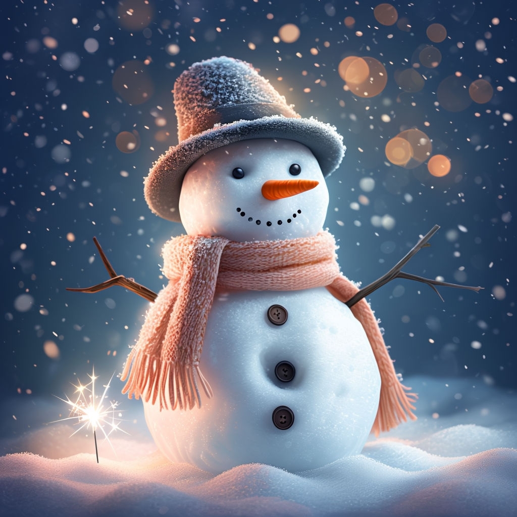 Whimsical Snowman in Dreamy Winter Night Scene Art Print for Cards & Invites