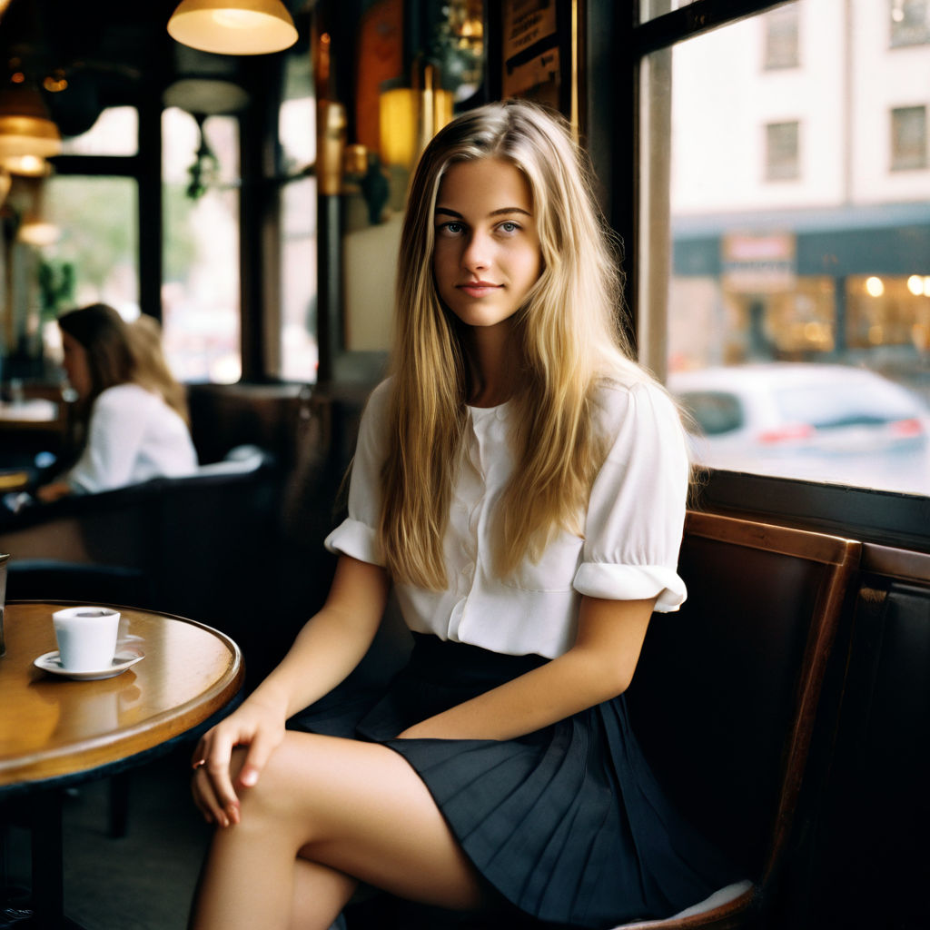 strawberry-blond long-haired sexy milf sitting on a chair an a mid-century  dining room. She is wearing a thin white blouse and a dark gray skirt and  showing a lot of cleavage.