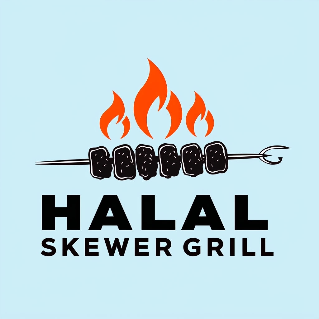 Halal Skewer Grill Minimalist Logo with Flames and Text Illustration Logo
