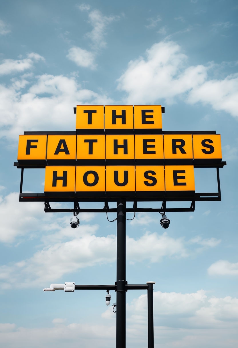 Vibrant Outdoor Sign 'The Fathers House' Against Blue Sky Poster