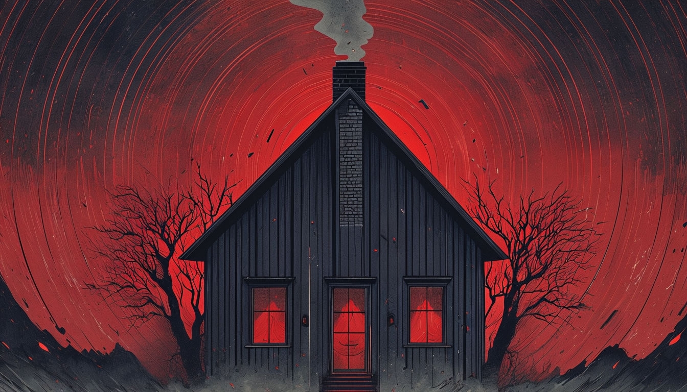 Dark Navy Blue House Illustration with Eerie Red Sky Background