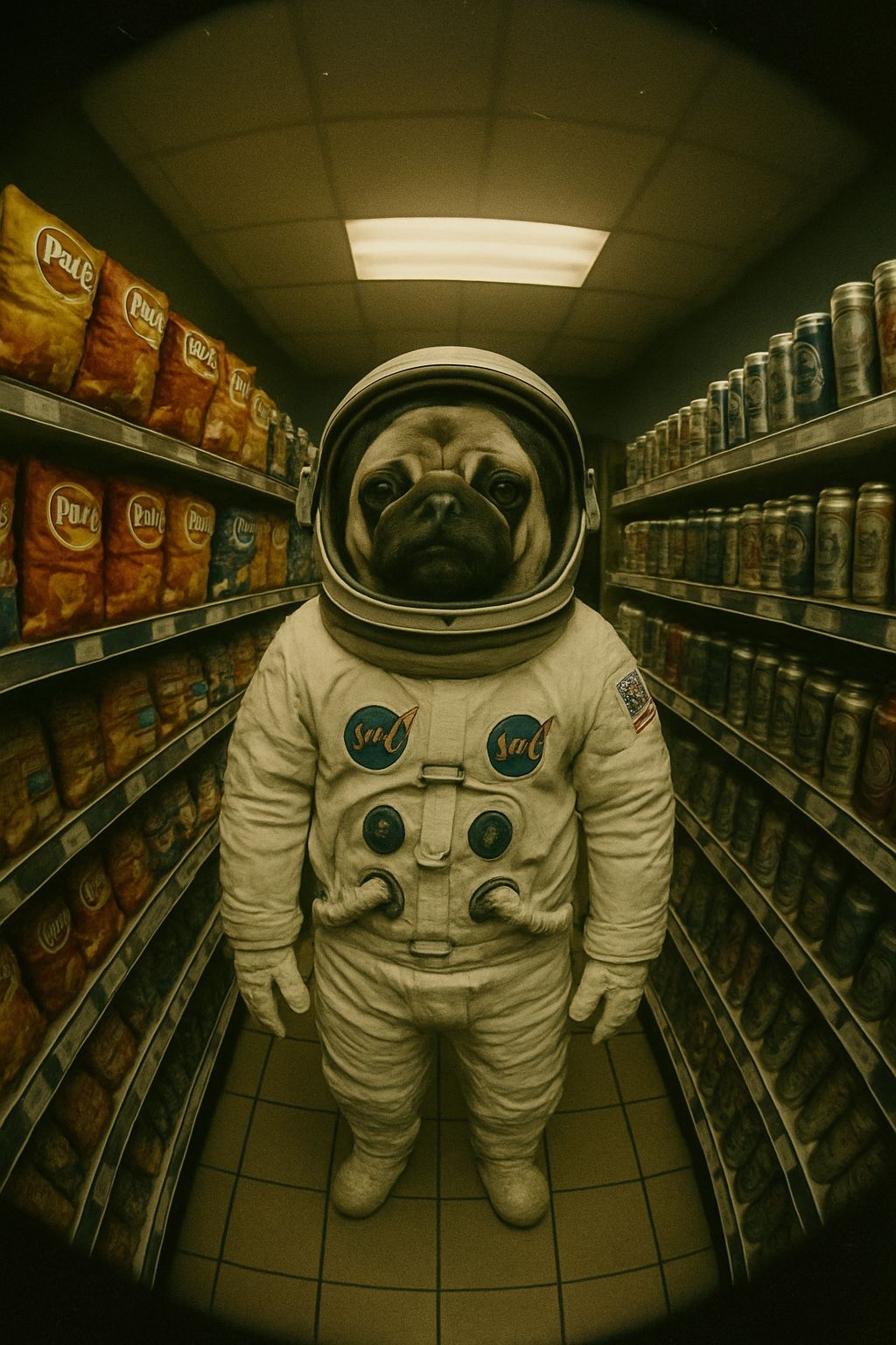Surreal Pug Astronaut in Grocery Store Aisle Art