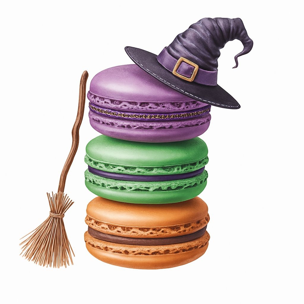 Whimsical Halloween Macarons with Witch Hat and Broomstick Sticker