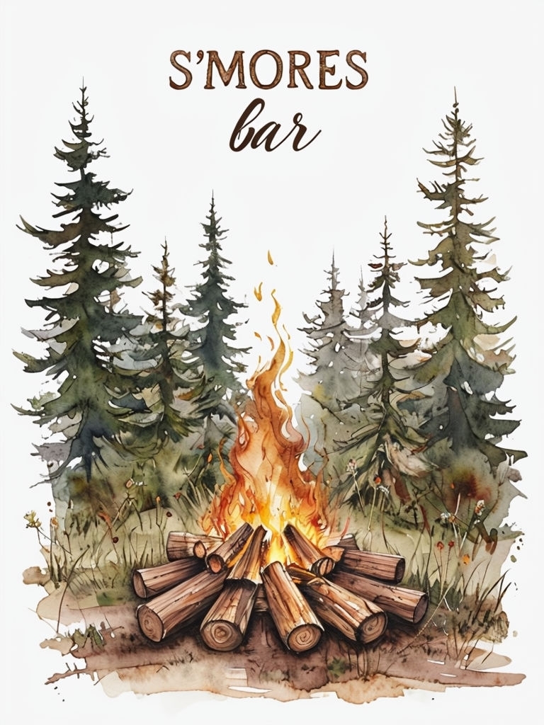Rustic S'Mores Campfire Bar Watercolor Illustration Event Sign