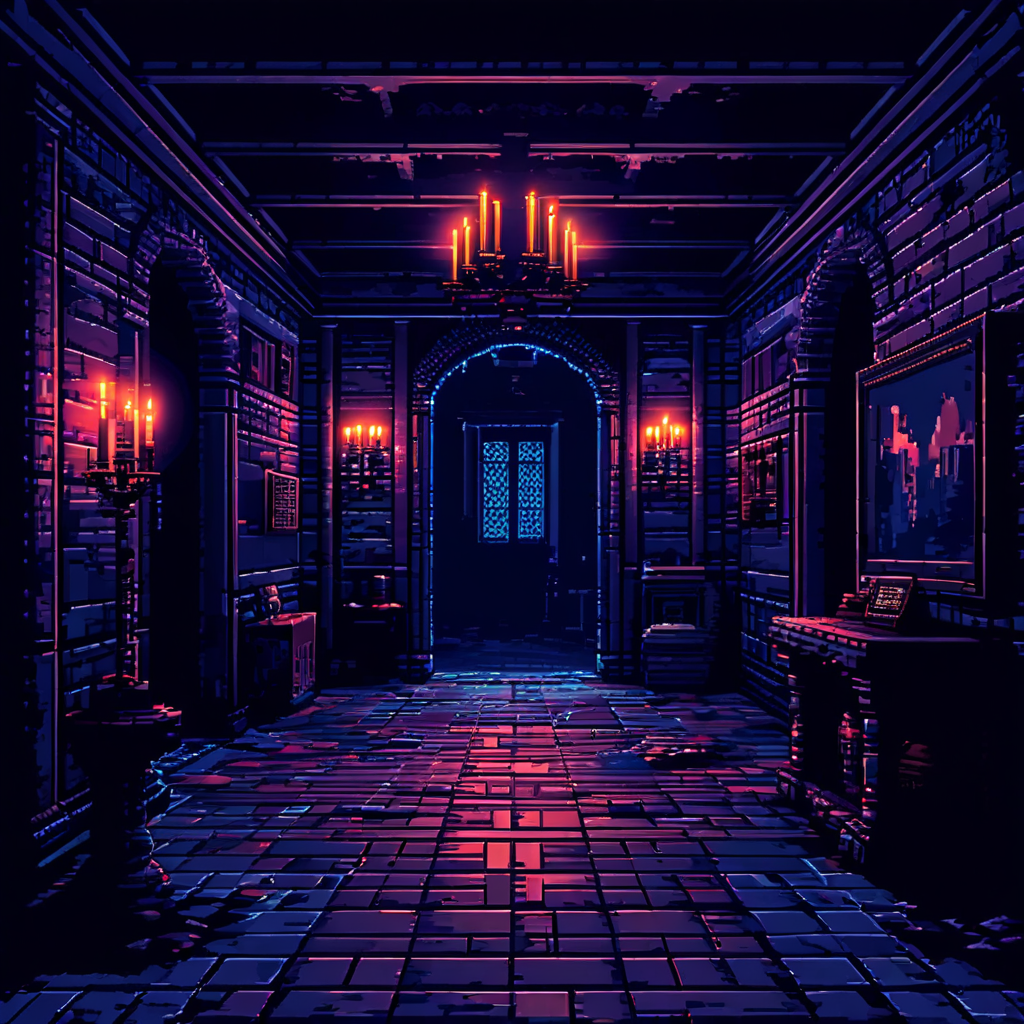 Pixel art scene from an 8-bit horror game featuring a dimly ... by Mark ...