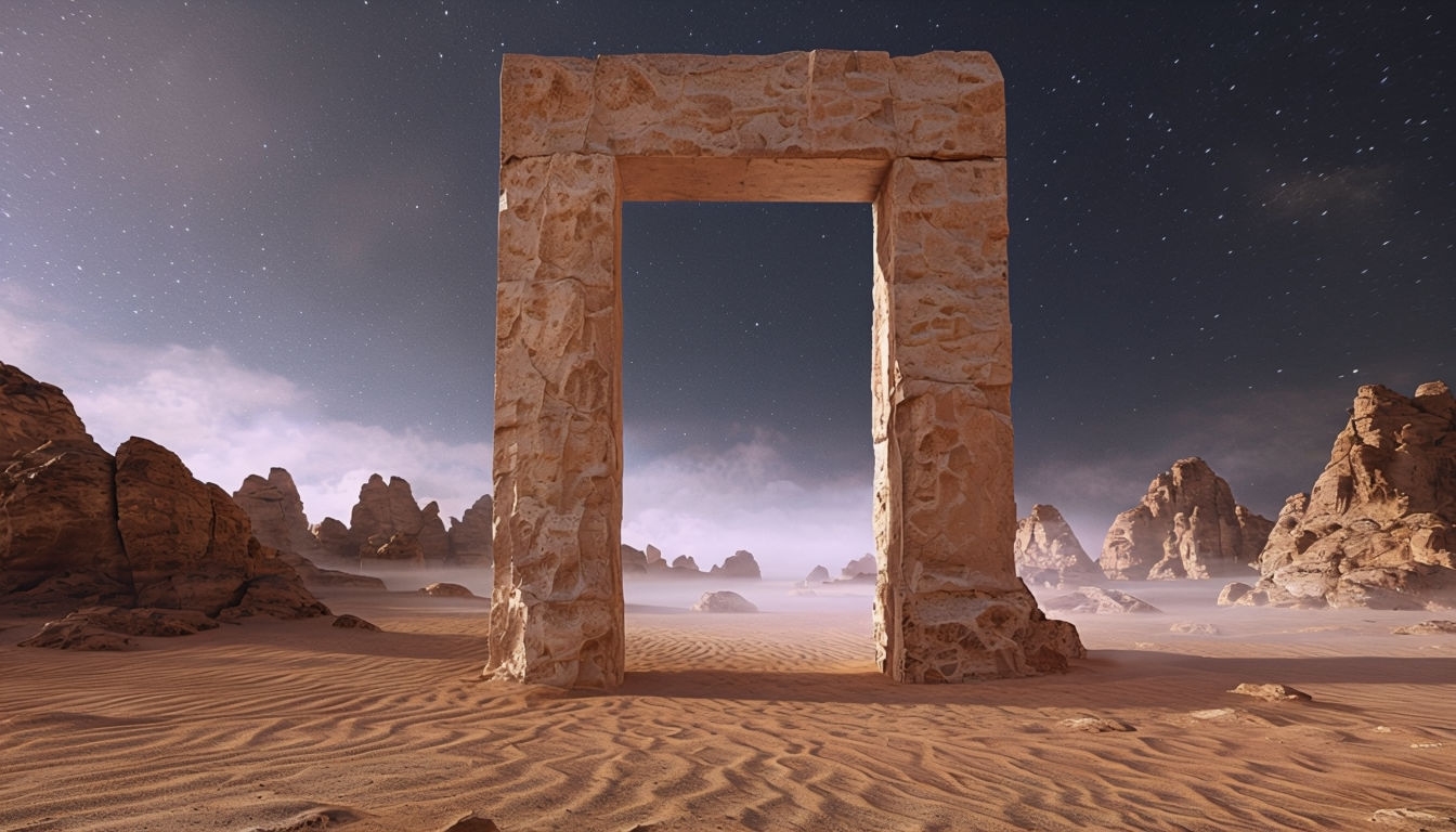 Surreal Desert Landscape with Ancient Stone Archway Background
