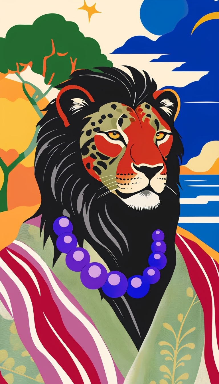 Stylized Animal Illustration with Intricate Jewelry and Fabric Art