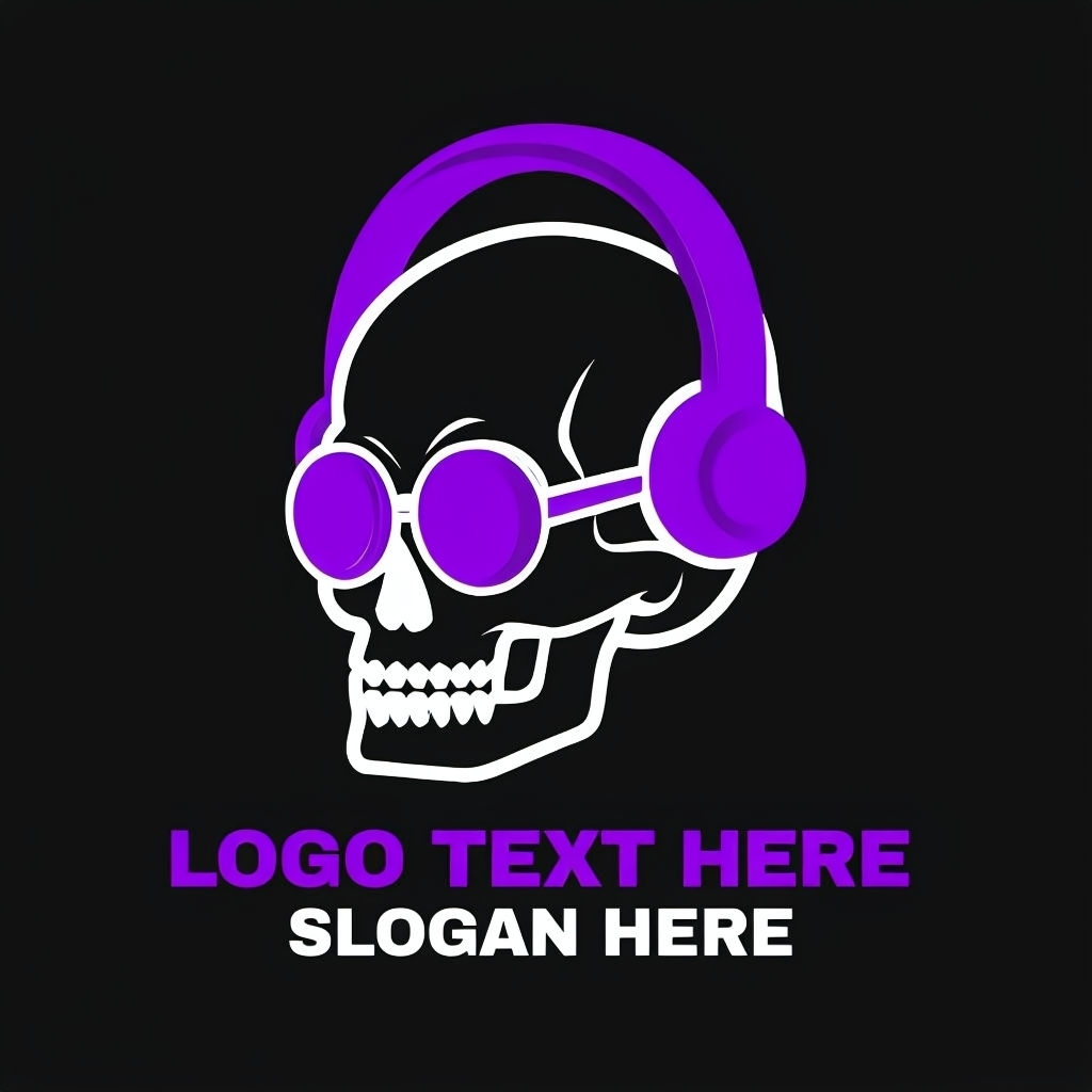 Stylized Skull Logo with Purple Headphones and Sunglasses Design