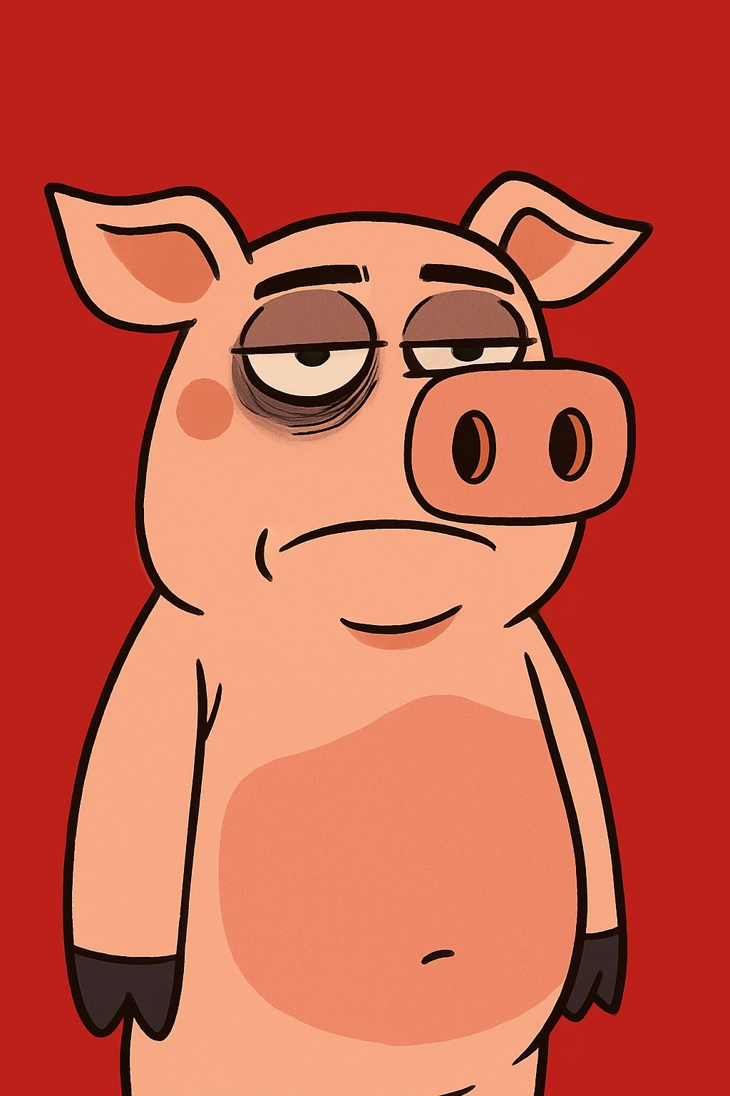 Tired Cartoon Piggy Character on Vibrant Red Background T-shirt