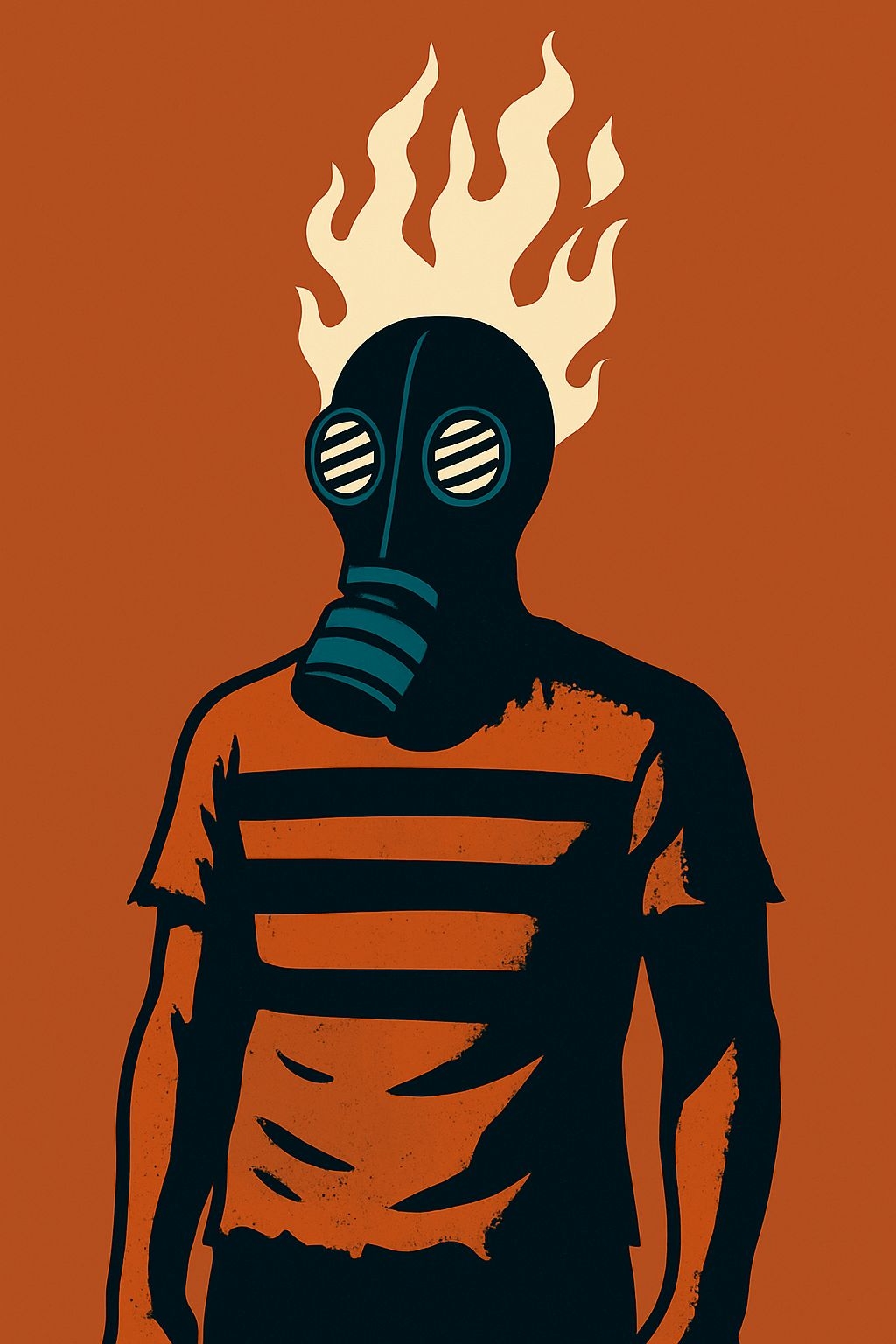 Surreal Black Gas Mask Figure with Flames T-Shirt