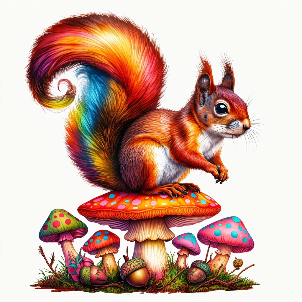 Vivid Whimsical Squirrel on Colorful Mushroom Illustration Sticker