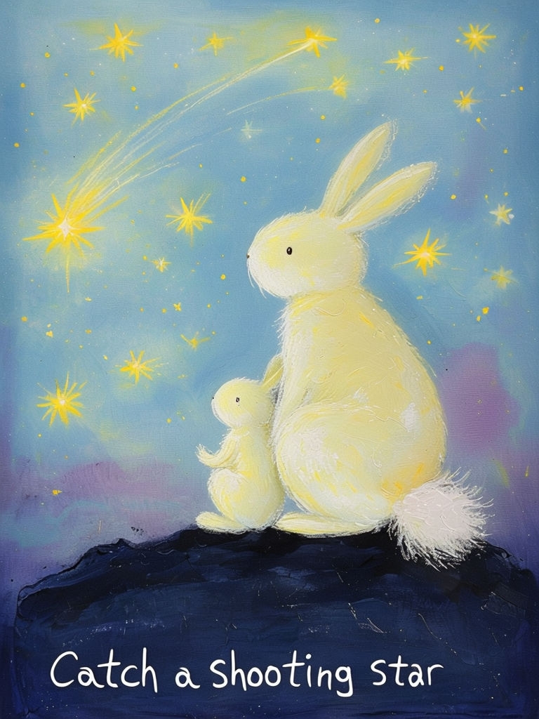 Whimsical Bunnies Under Shooting Stars Dreamy Painting Art