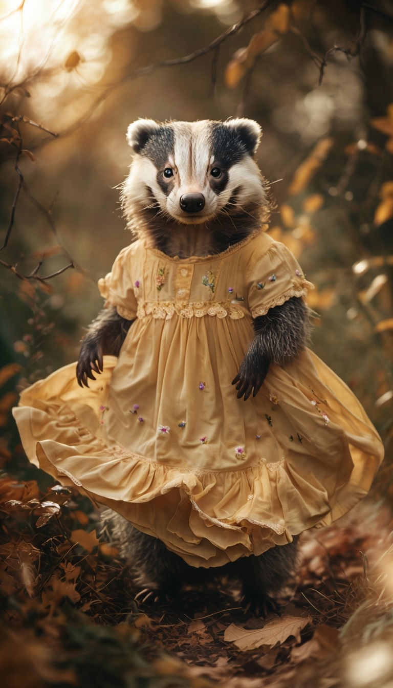 Adorable Badger in a Yellow Sundress Captured in Dreamy Woodland Photograph