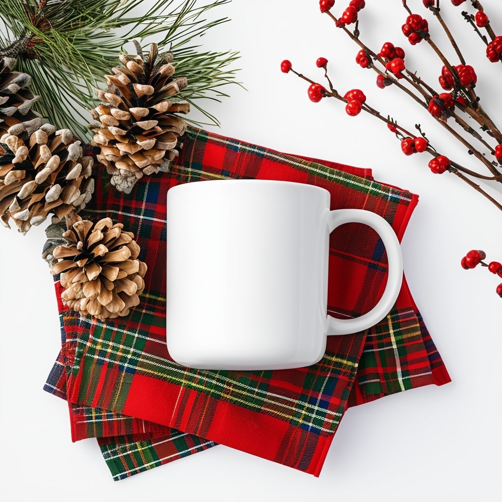 Cozy Festive Holiday Still Life Mug on Red Plaid Mockup