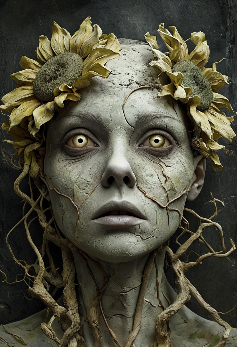 Haunting Surreal Face Sculpture with Sunflowers and Vines Art