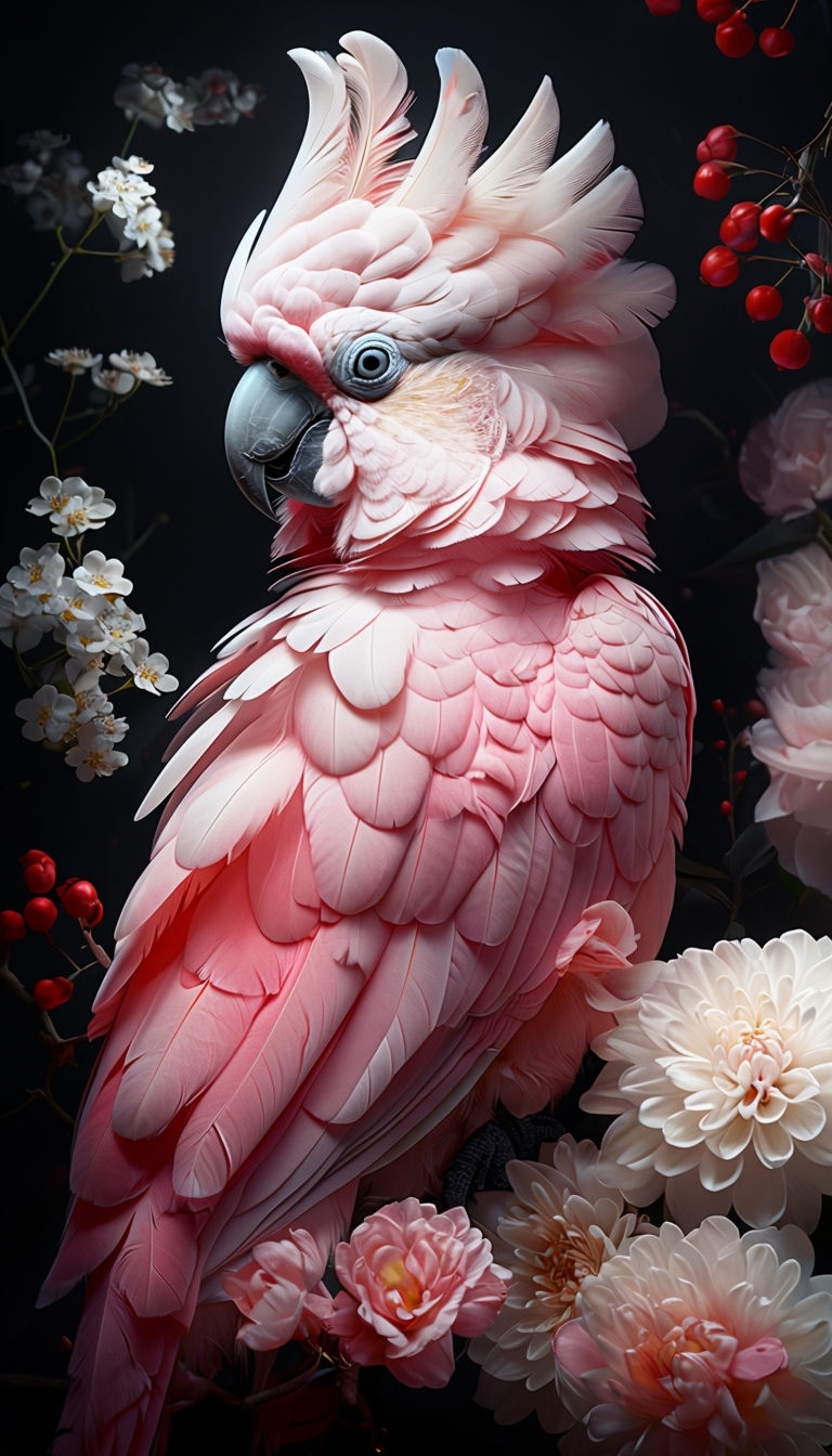 Vibrant Pink Cockatoo Surrounded by Flowers Digital Art Mobile Wallpaper