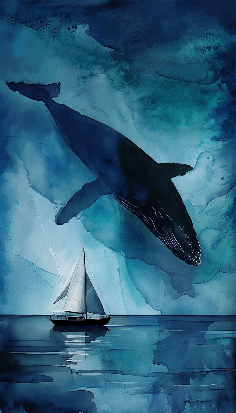 Serene Ocean Watercolor Painting with Sailboat and Whale Mobile Wallpaper