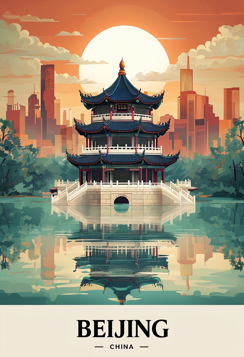 Serene Beijing Travel Poster Featuring Traditional Pagoda Design