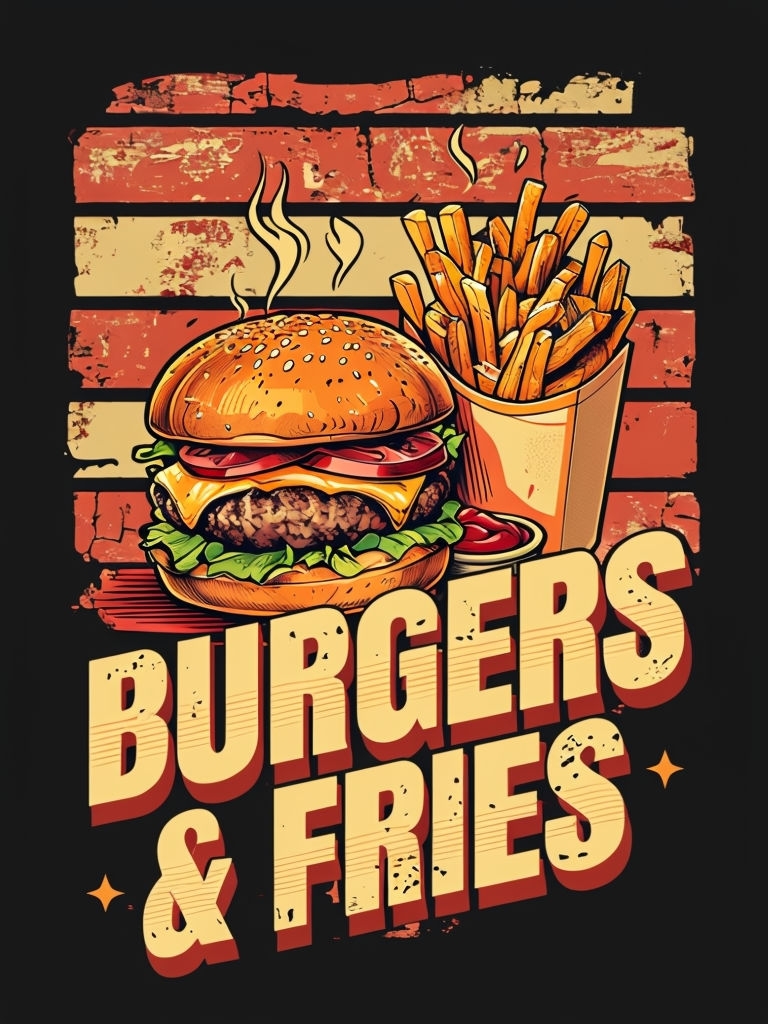 Vibrant Retro Burgers and Fries Illustration T-Shirt