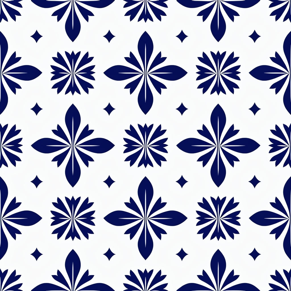 Stylized Navy Blue Floral Geometric Pattern on White Background Seamless Pattern