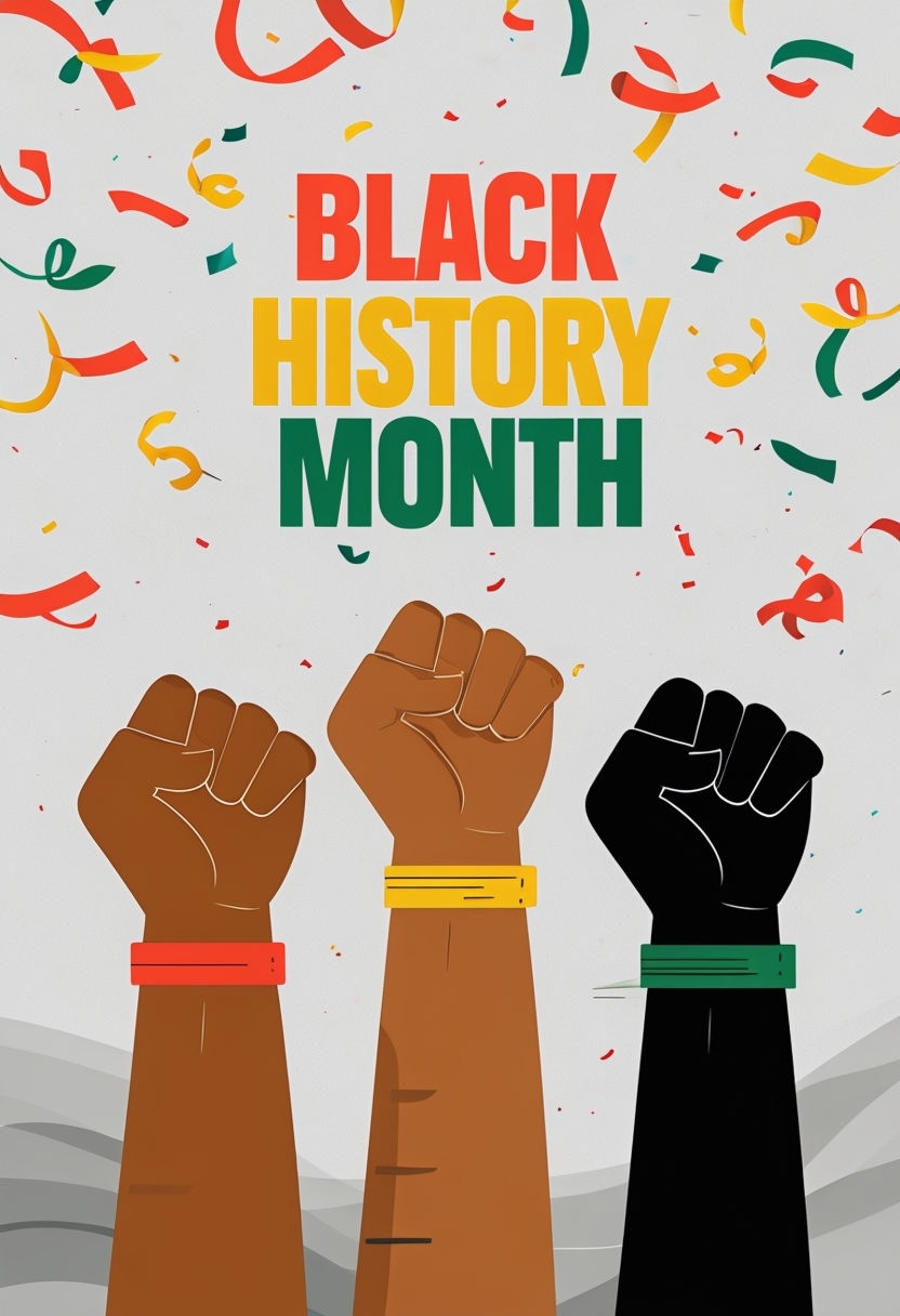 Celebratory Black History Month Fists and Confetti Poster