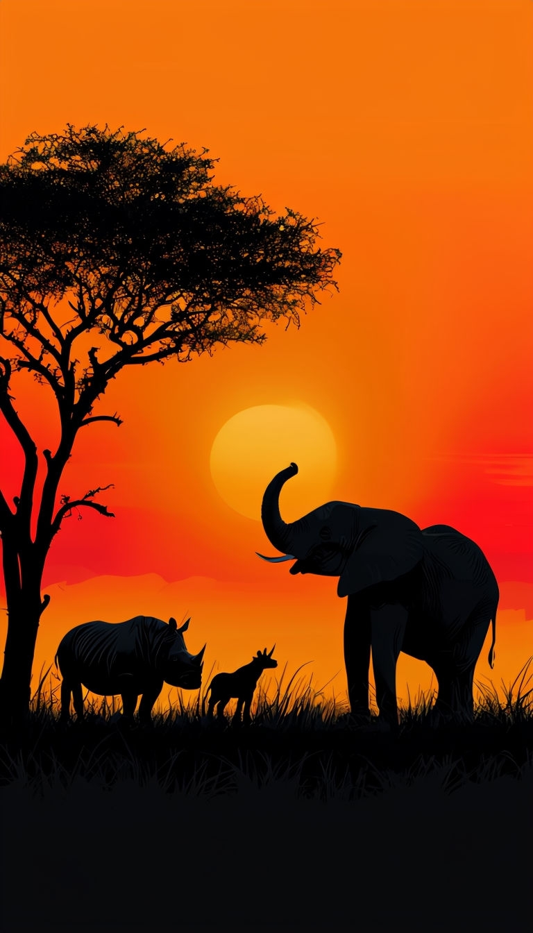 Serene African Savanna Sunset Silhouette Mobile Wallpaper