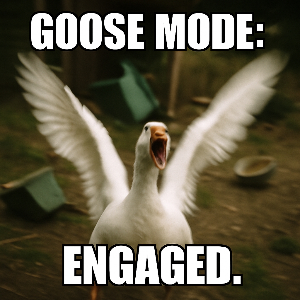 Hilarious Goose in Flight with Engaged Expression Meme