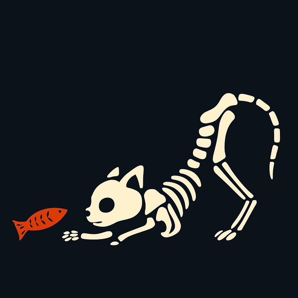 Playful Minimalist Cat Skeleton with Orange Fish Sticker